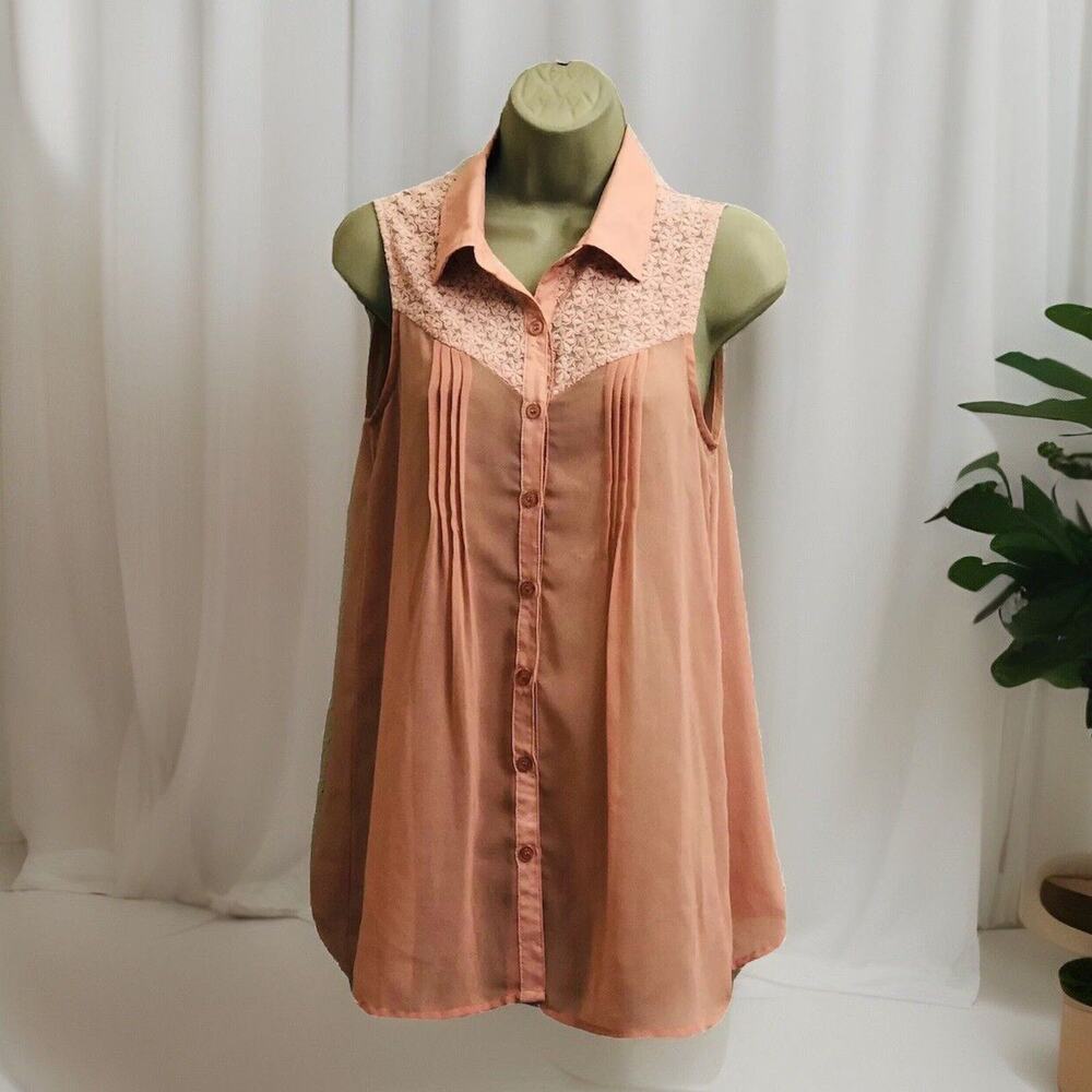 blu pepper Lace Top Womens S Sheer Pleated Button Up Lightweight Sleeveless